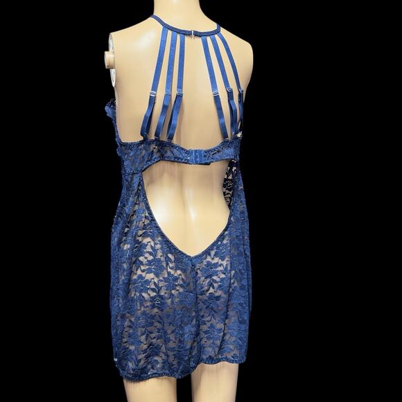 Womens Blue Sheer Lace Halter Lingerie Babydoll Mini Sz XL Open Back Nightwear - Picture 2 of 7